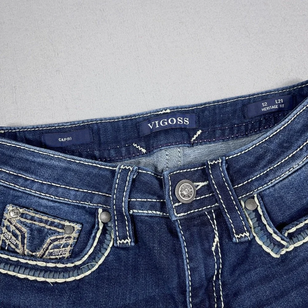 Vigoss Jeans Womens Size 2‎ Capri Blue Heritage Fit Embroidered Pockets Denim